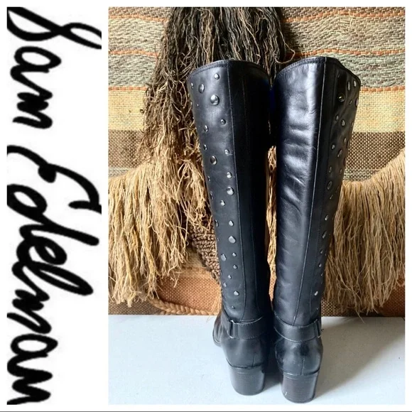 💕SALE💕 Libby Edelman Studded Black Leather Tall Riding Boots - Picture 2 of 7